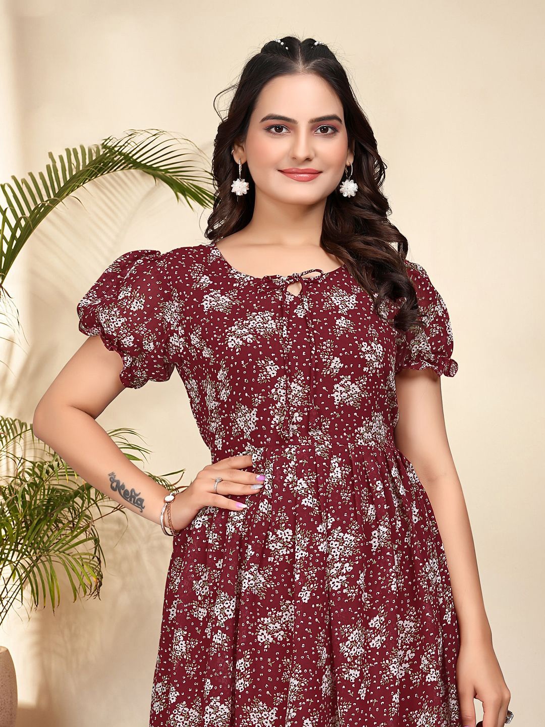 

BAESD Floral Print Puff Sleeve Fit & Flare Dress, Maroon