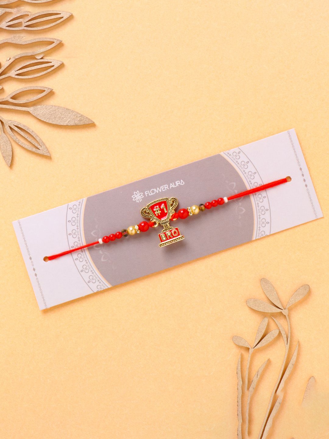 

Floweraura Bro Trophy Beaded Thread Rakhi With Roli Chawal, Red