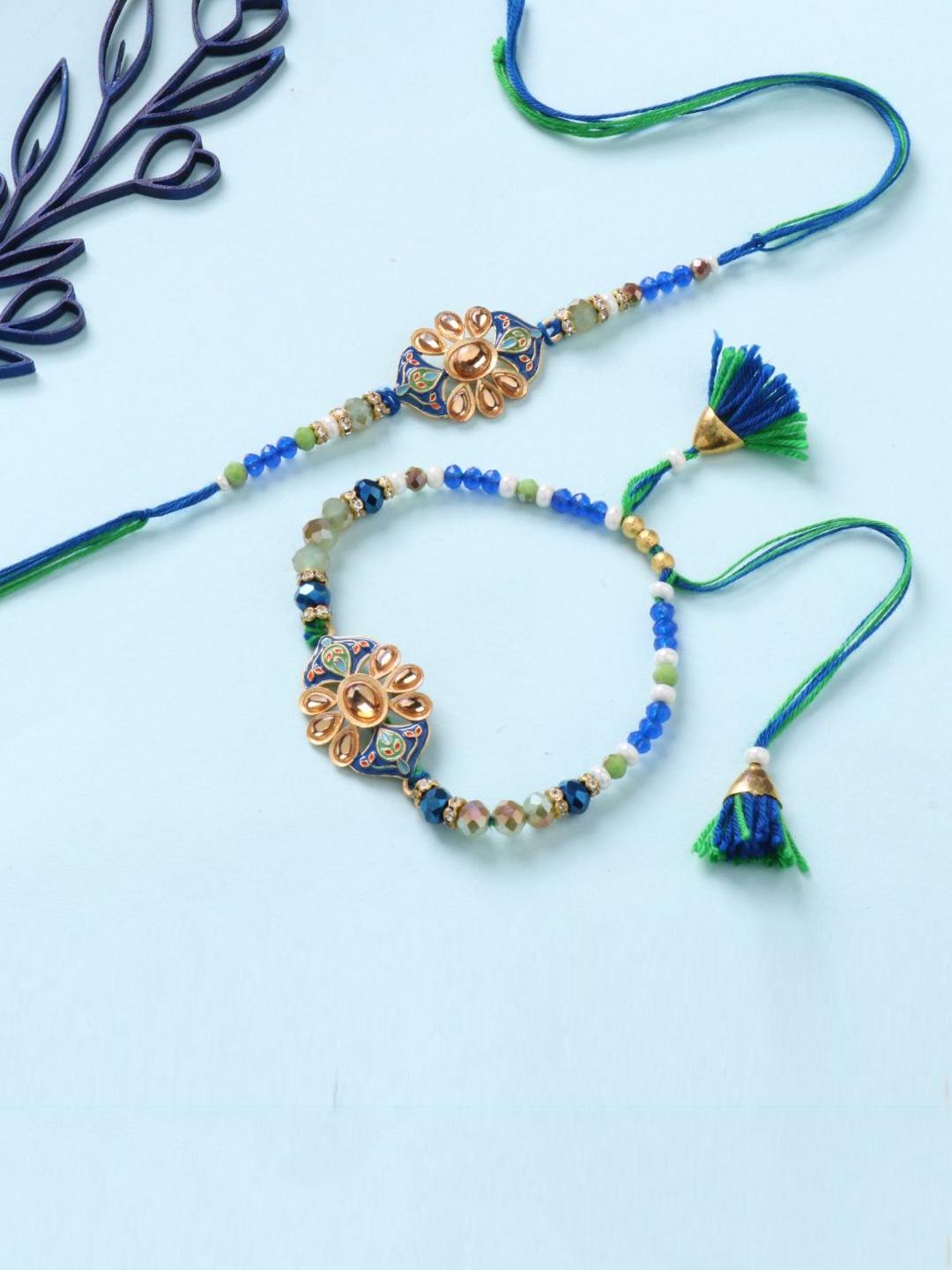 

Floweraura Beaded Bhaiya Bhabhi Bracelet & Thread Rakhi With Roli Chawal, Blue