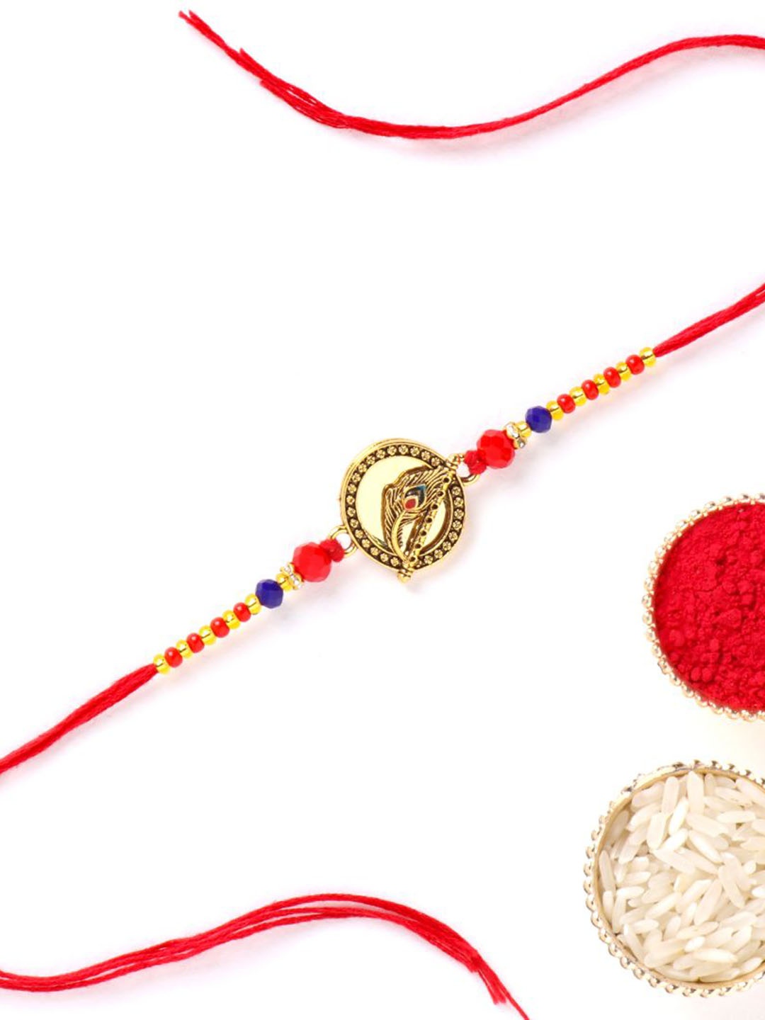 

Floweraura Radiant Mor Pankh Mirror Thread Rakhi With Roli Chawal, Red