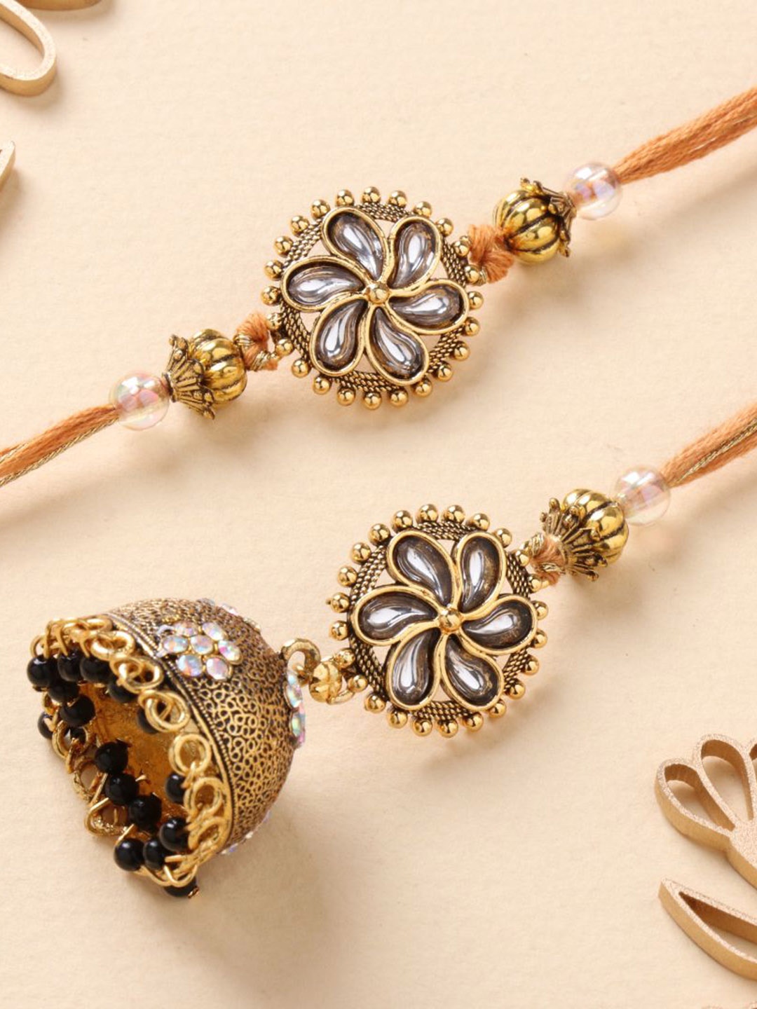 

Floweraura Studded & Beaded Bhaiya Bhabhi Thread Rakhis With Roli Chawal, Gold