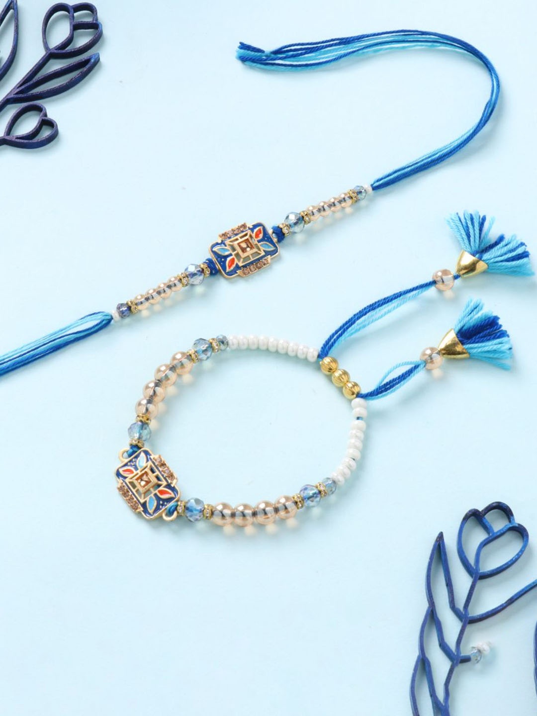 

Floweraura Beaded Bhaiya Bhabhi Thread Rakhis With Roli Chawal, Blue