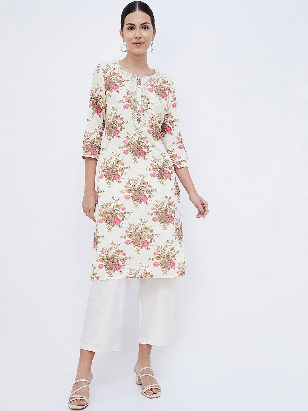 

Melange by Lifestyle Floral Printed Thread Work Straight Kurta, Off white