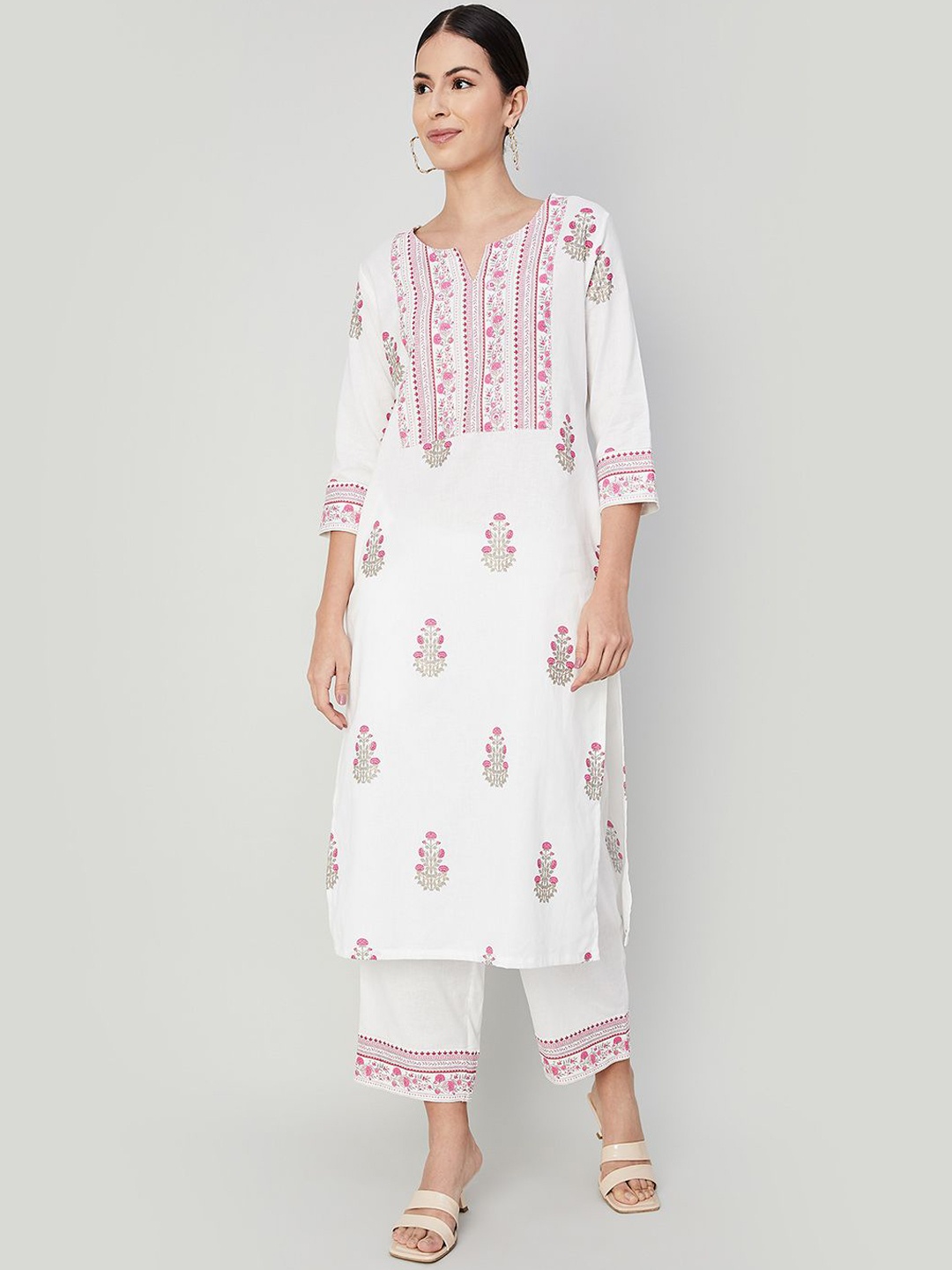 

Melange by Lifestyle Floral Printed Notched Neck Pure Cotton Straight Kurta With Pyjamas, Off white