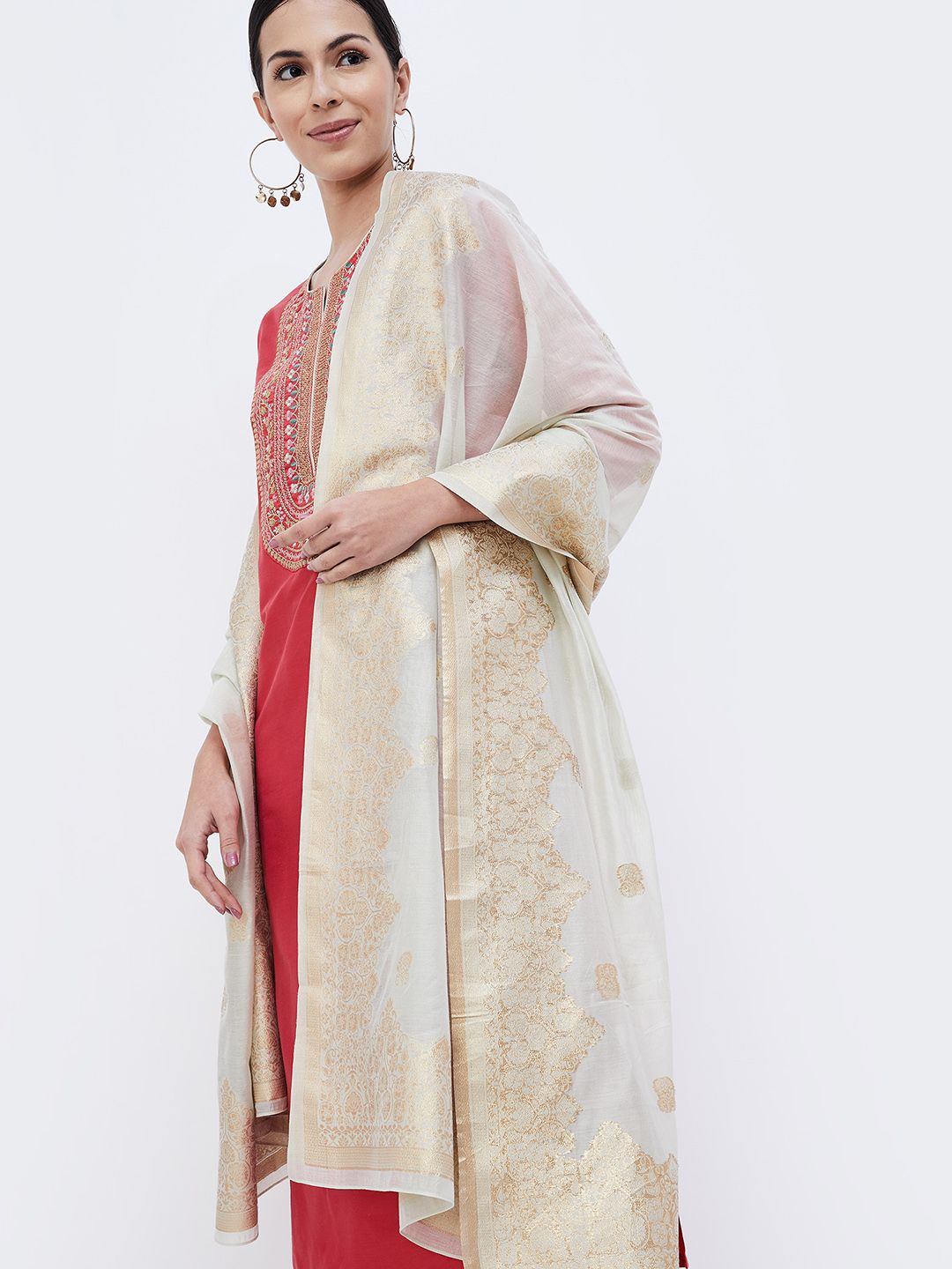 

Melange by Lifestyle Floral Woven Design Dupatta With Zari, Off white