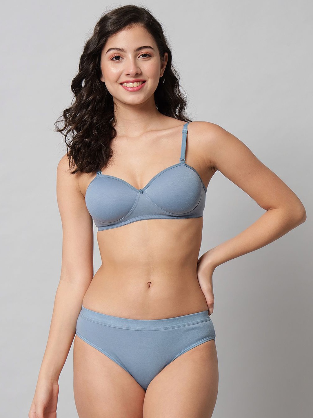 

R Cube Half Coverage Cotton Lightly Padded Bra And Panty Lingerie Set, Grey