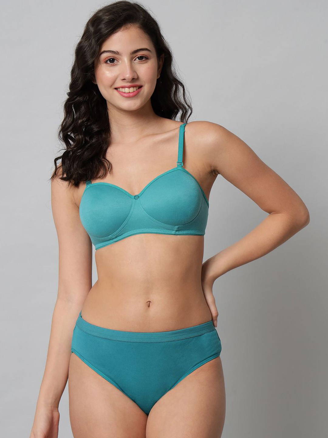 

R Cube Half Coverage Cotton Lightly Padded Bra And Panty Lingerie Set, Blue