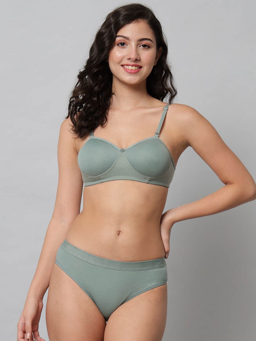 

R Cube Half Coverage Lightly Padded Bra And Panty Lingerie Set, Green