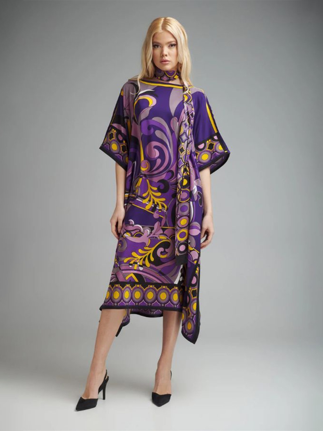 

Navvi Printed Crepe Kaftan Midi Dress, Purple