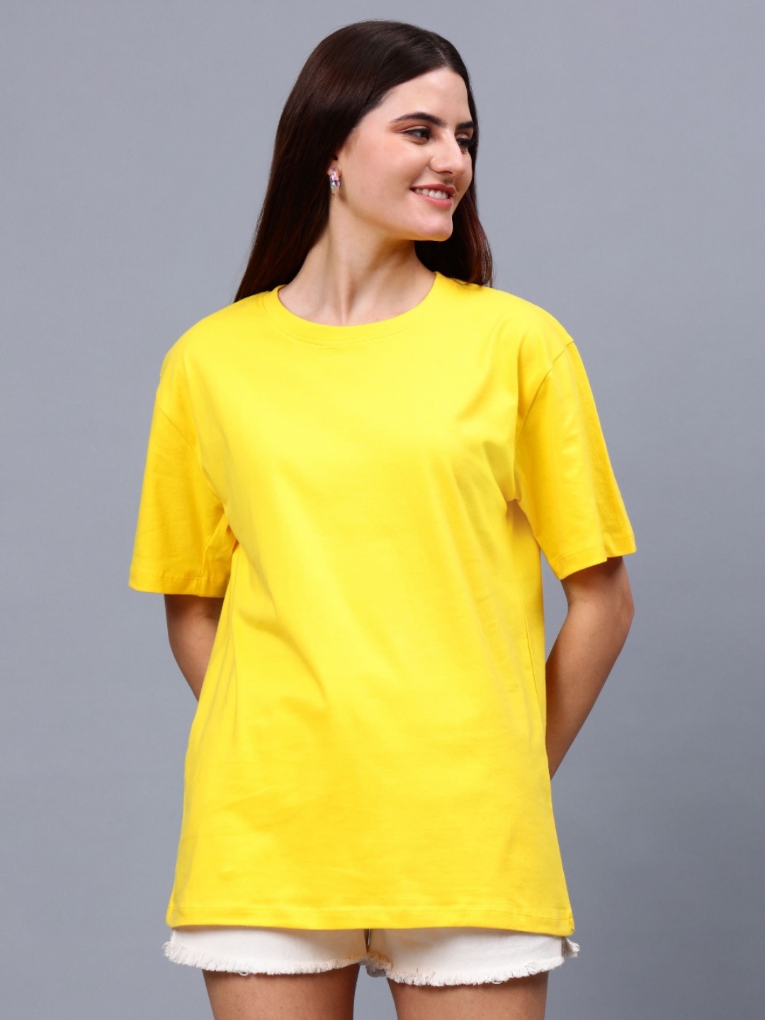 

Unifringe Women Solid Pure Cotton Oversized T-shirt, Yellow