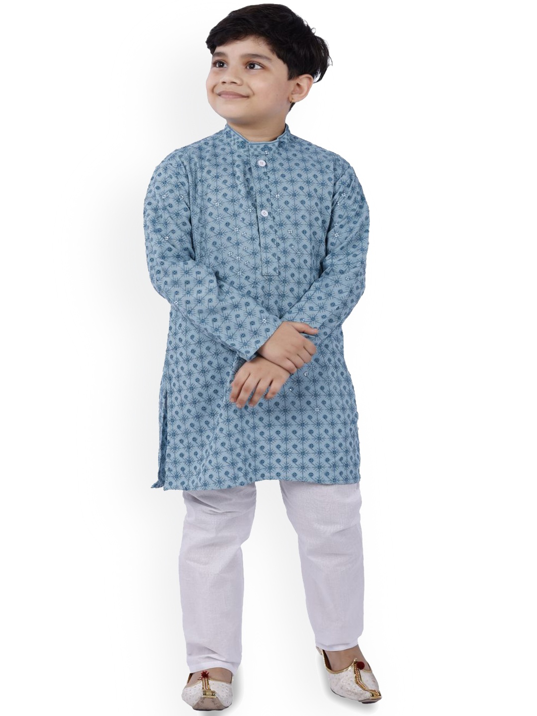 

BAESD Boys Geometric Embroidered Regular Sequinned Straight Kurta With Trousers, Teal