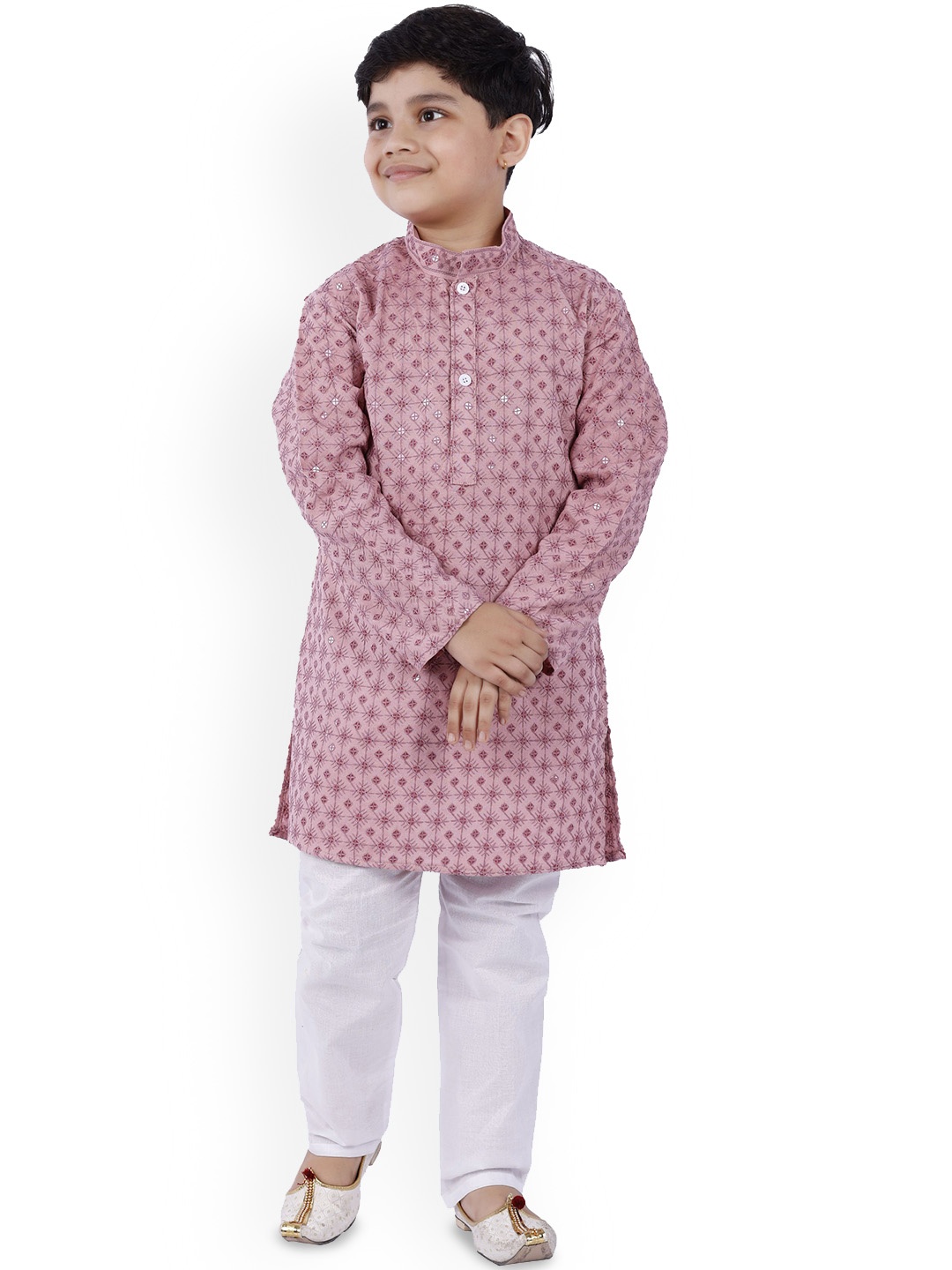 

BAESD Boys Floral Embroidered Regular Thread Work Straight Kurta With Trousers, Pink
