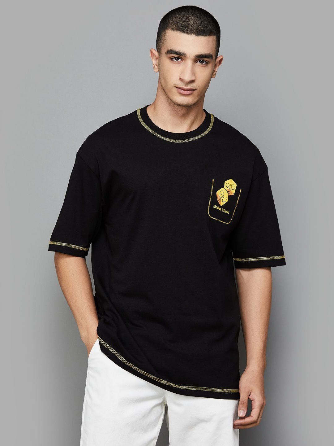 

SmileyWorld Men Graphic Printed Oversized T-shirt, Black