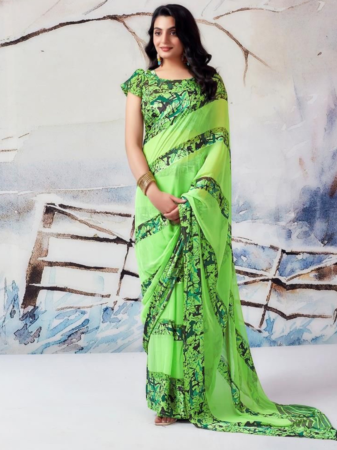 

Sitanjali Abstract Printed Pure Georgette Bagh Saree, Green