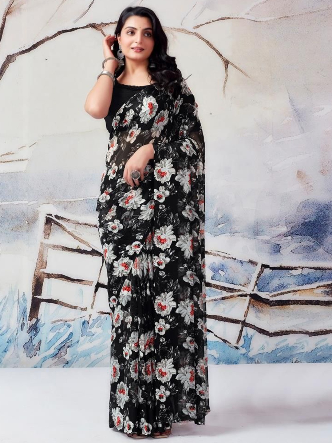 

Sitanjali Floral Printed Pure Georgette Bagh Saree, Black