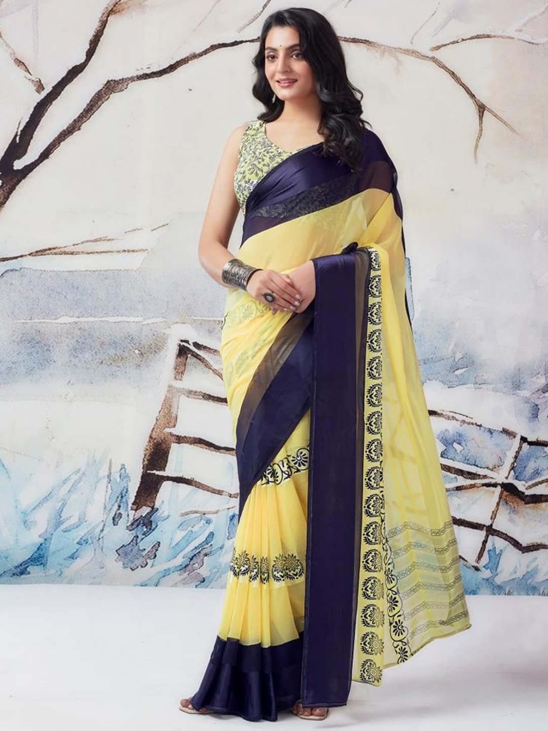 

Sitanjali Ethnic Motifs Printed Pure Georgette Bagh Saree, Yellow