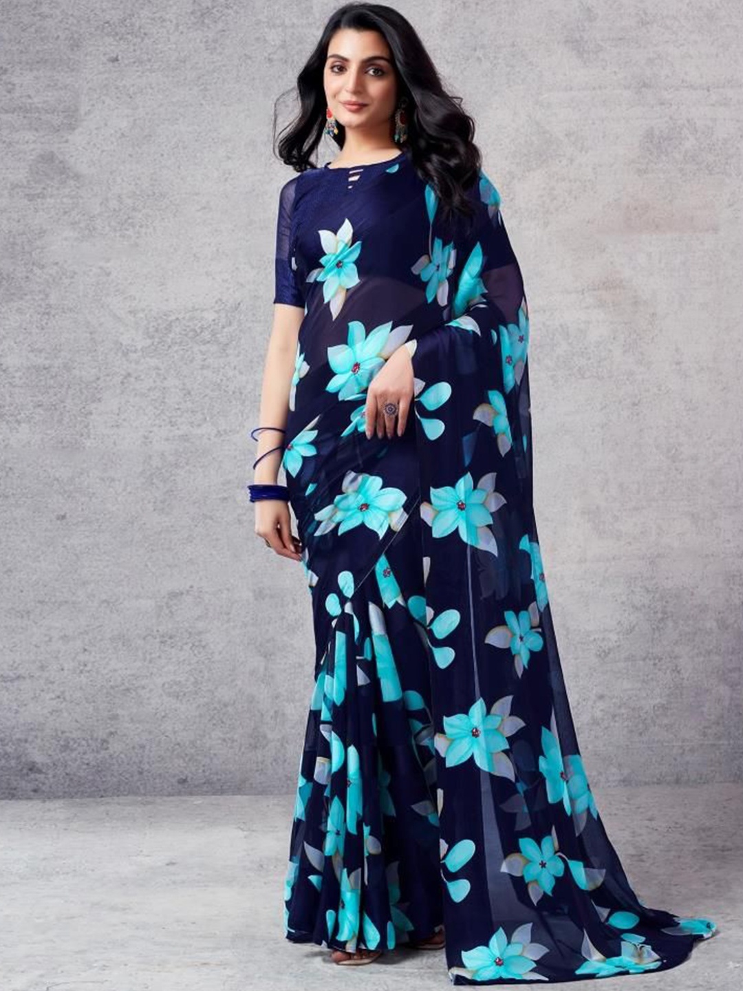 

Sitanjali Floral Printed Pure Georgette Bagh Saree, Navy blue