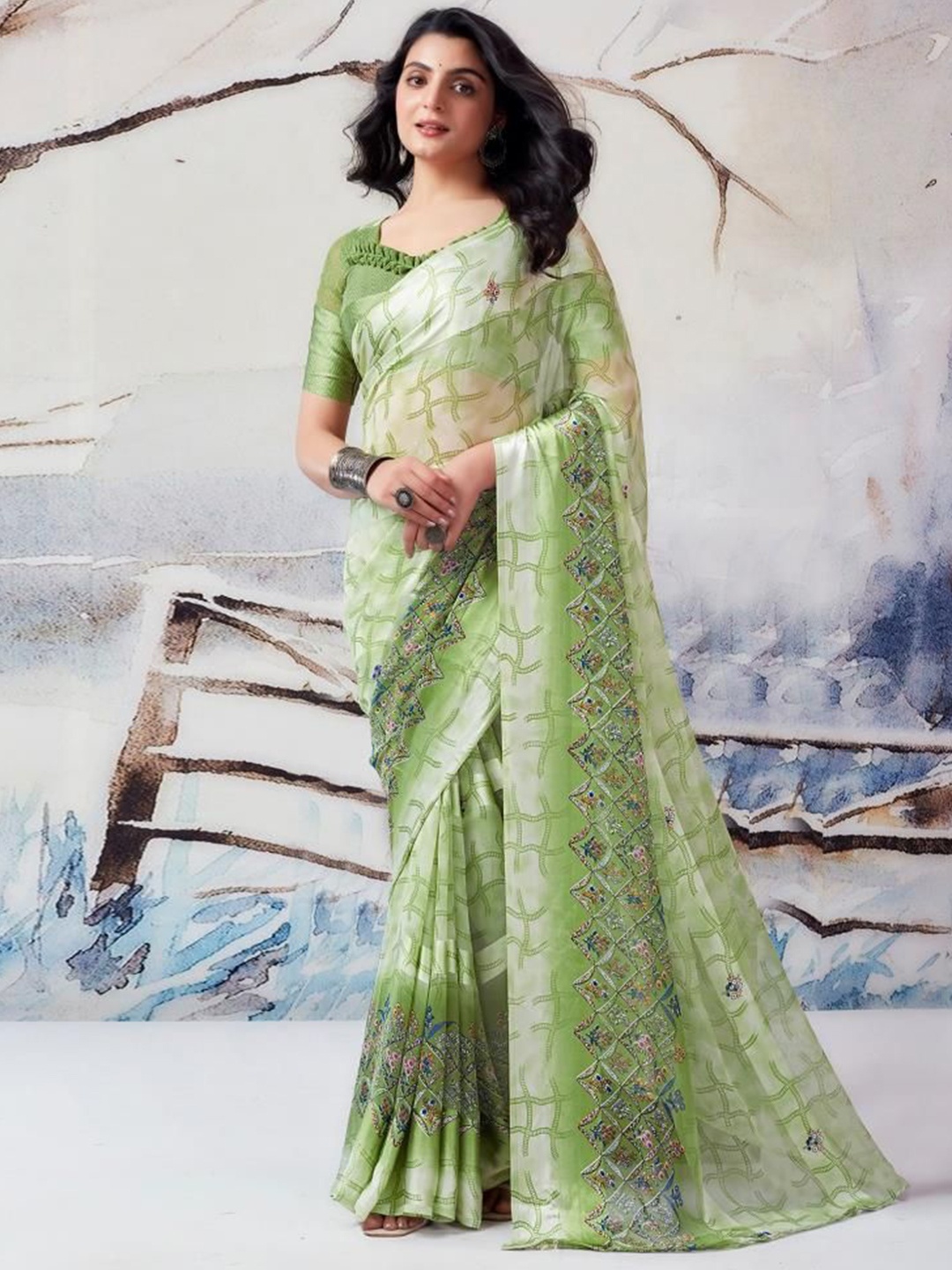 Sitanjali Ethnic Motifs Printed Pure Georgette Bagh Saree, Lime green