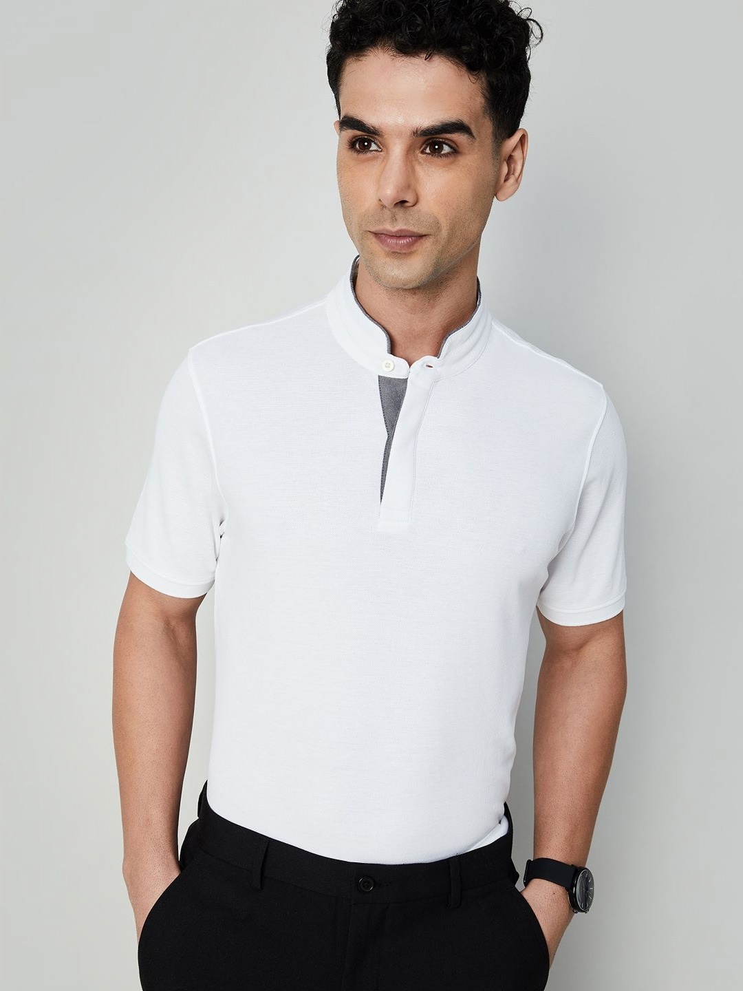 

CODE by Lifestyle Men Mandarin Collar Pockets T-shirt, White