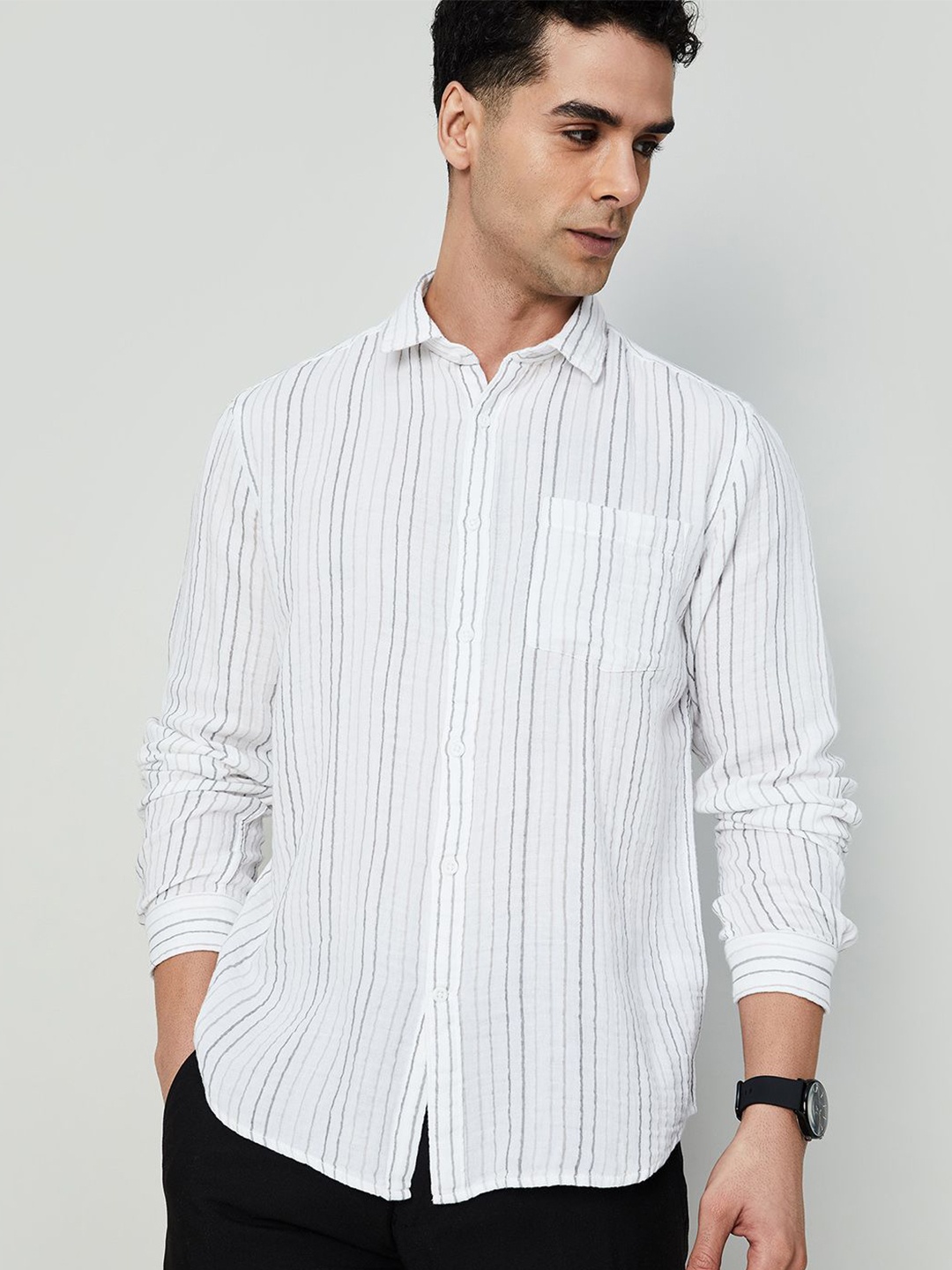 

CODE by Lifestyle Men Opaque Striped Spread Collar Formal Shirt, White