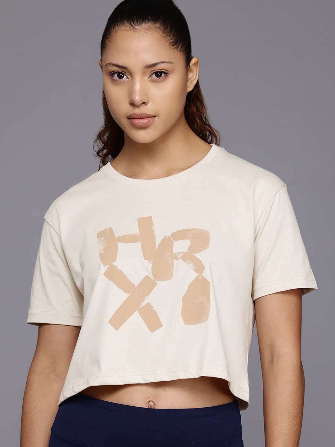 

HRX by Hrithik Roshan Brand Logo Print Boxy Yoga T-shirt, Beige