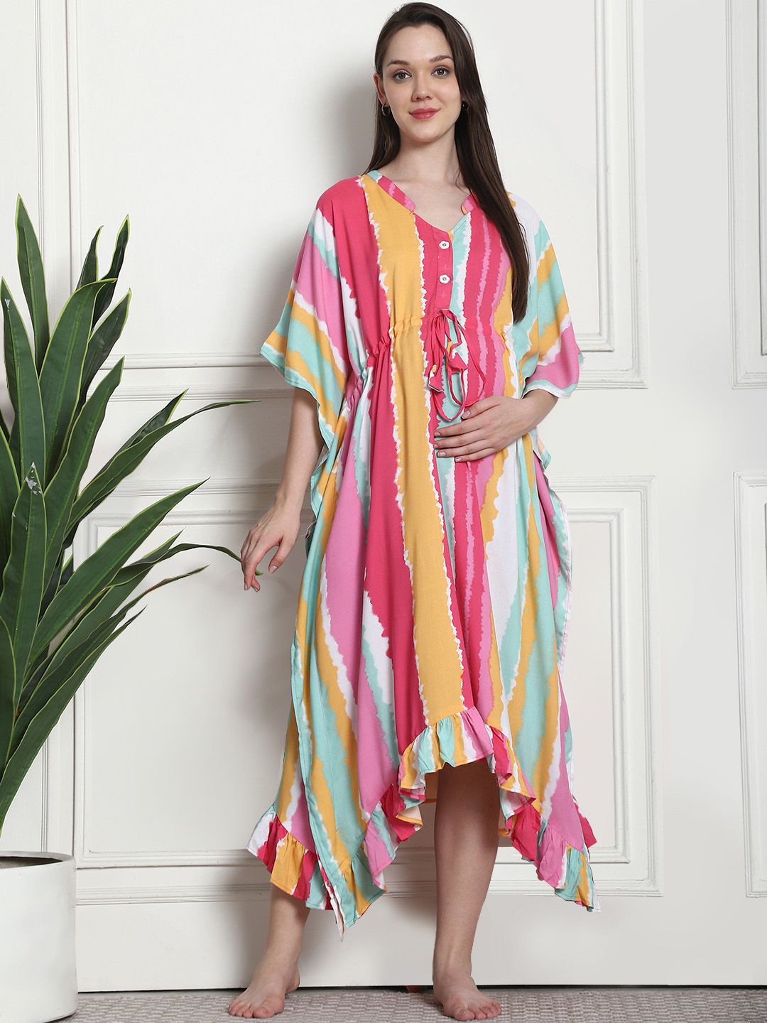 

Secret Wish Striped Short Sleeves Maternity Kaftan Nightdress, Red