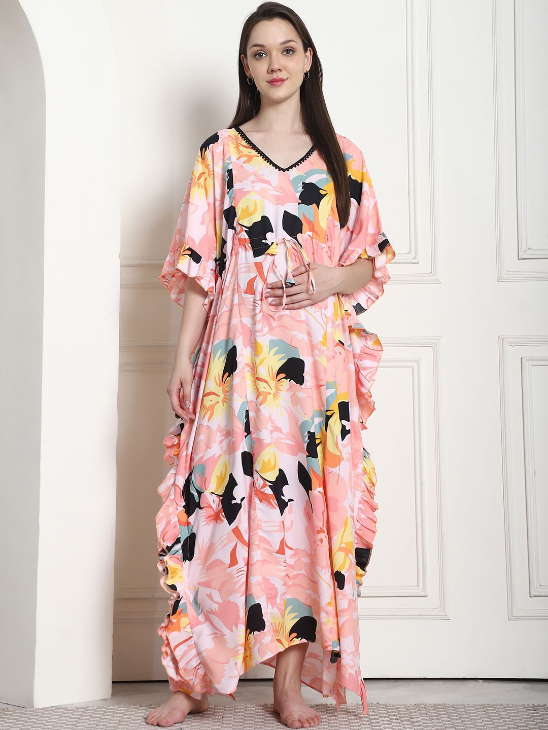 

Secret Wish Floral Printed Maxi Maternity Kaftan Nightdress, Peach