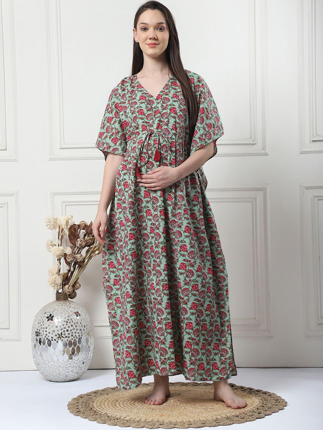 

Secret Wish Floral Print Cotton Maternity Maxi Kaftan Nightdress, Green