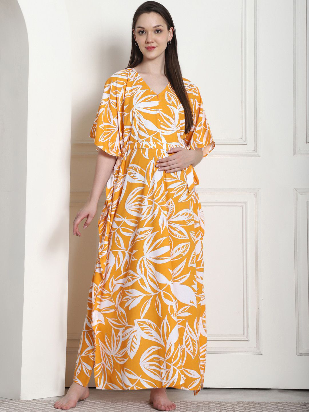 

Secret Wish Floral Print Maxi Maternity Kaftan Nightdress, Yellow