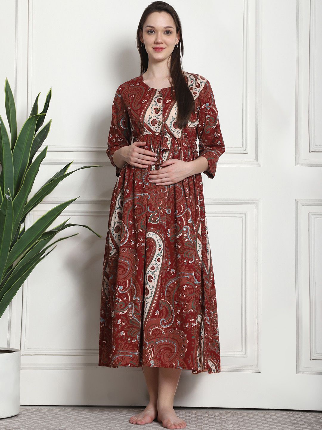 

Secret Wish Ethnic Motifs Print Cotton Maternity Nightdress, Maroon