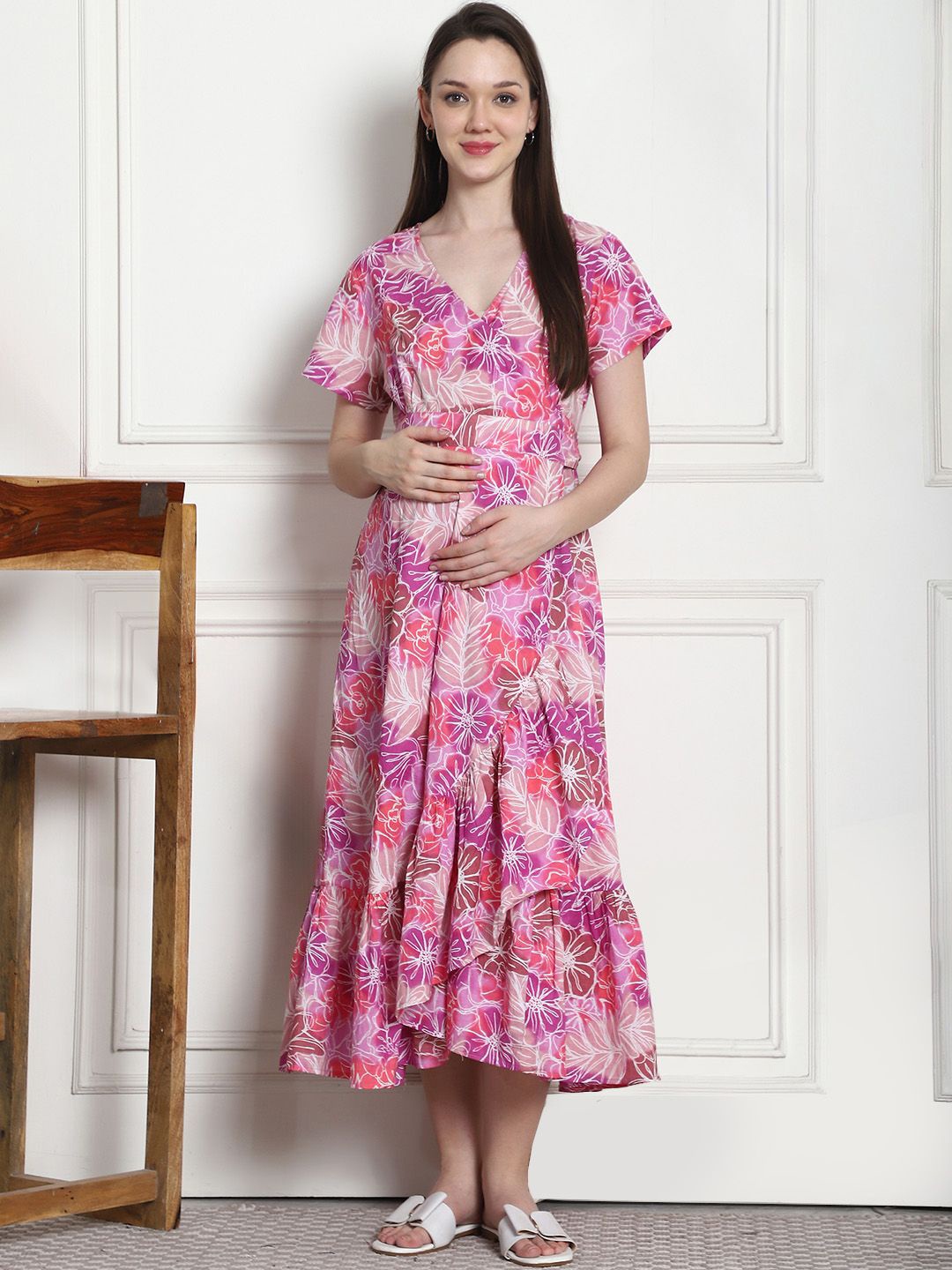

Secret Wish Floral Printed Cotton Maternity Wrap Midi Dress, Purple