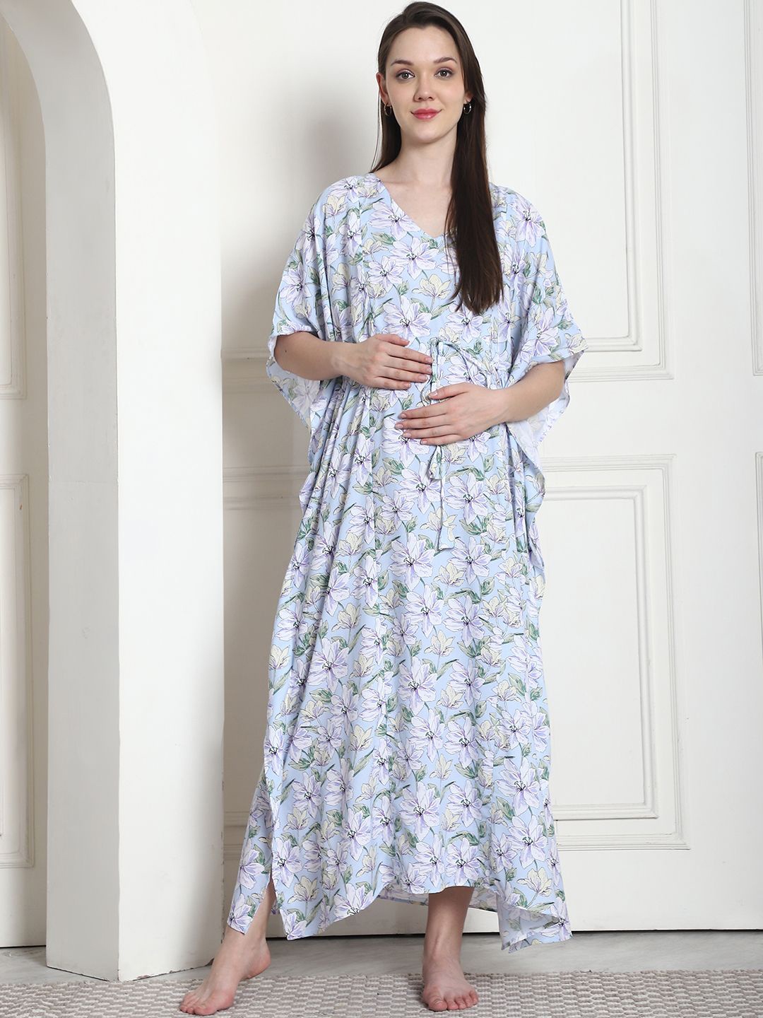 

Secret Wish Floral Print Maxi Maternity Kaftan Nightdress, Blue