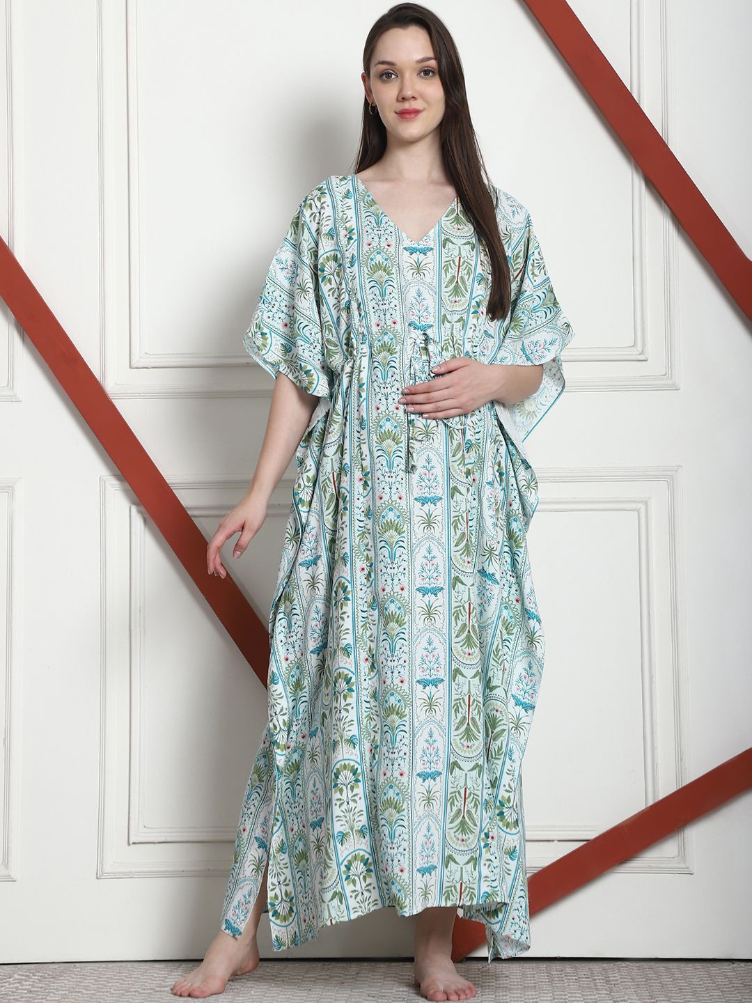

Secret Wish Ethnic Motifs Print Maxi Maternity Kaftan Nightdress, Sea green