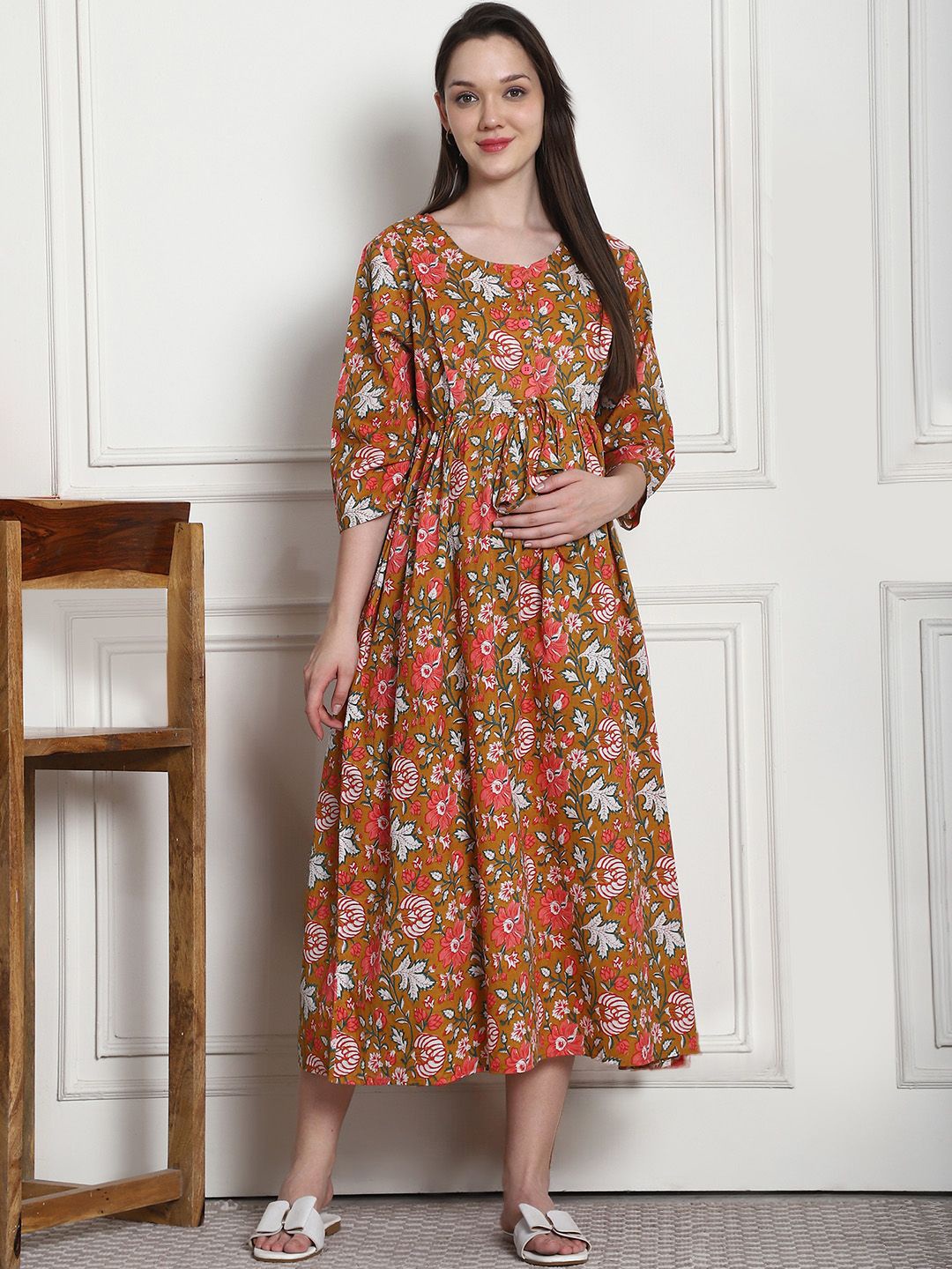 

Secret Wish Floral Printed Cotton Maternity A-Line Midi Dress, Mustard