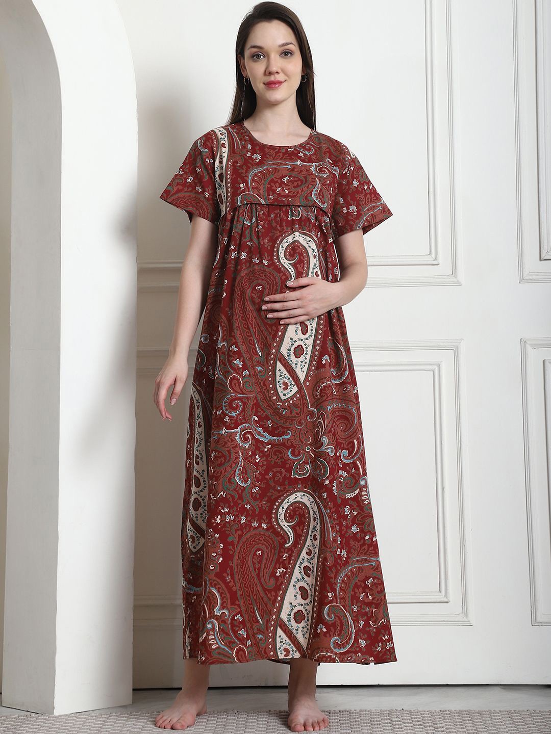 

Secret Wish Printed Maxi Cotton Maternity Nightdress, Brown