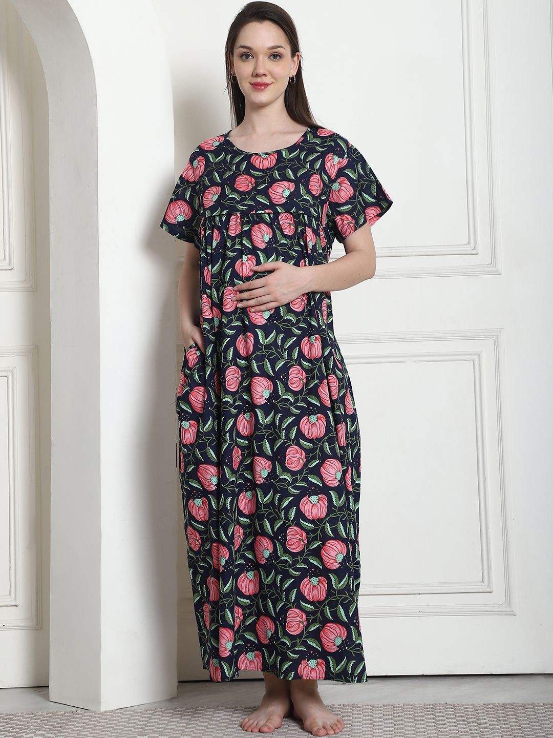 

Secret Wish Printed Cotton Maternity Maxi Nightdress, Blue