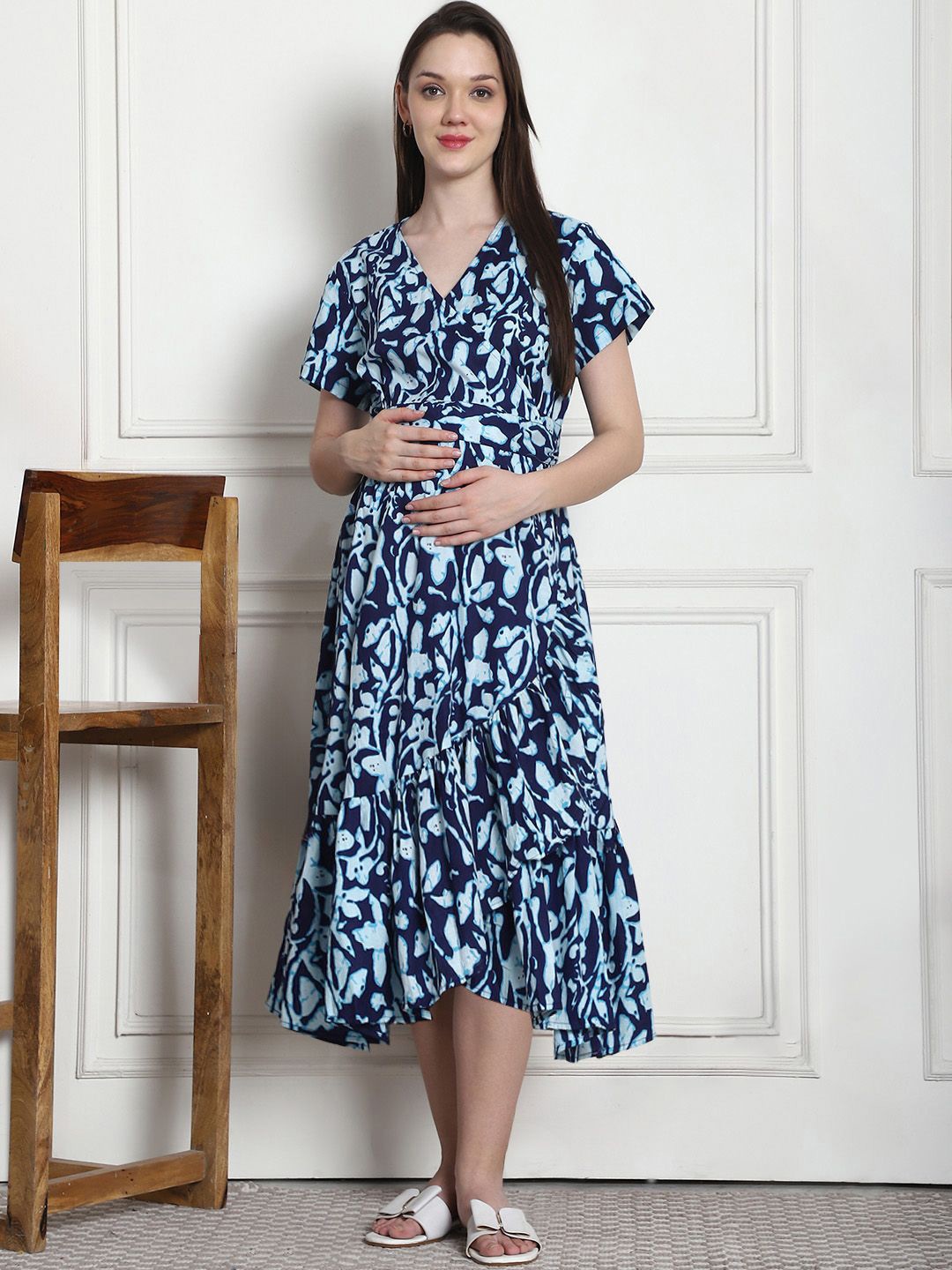 

Secret Wish Floral Print Cotton Maternity Wrap Midi Dress, Navy blue
