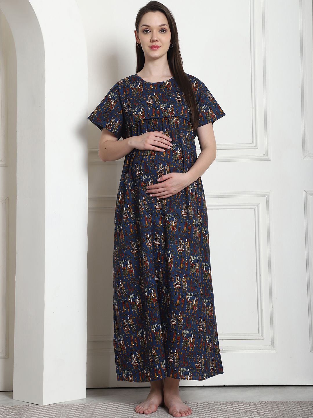 

Secret Wish Printed Cotton Maternity Maxi Nightdress, Navy blue