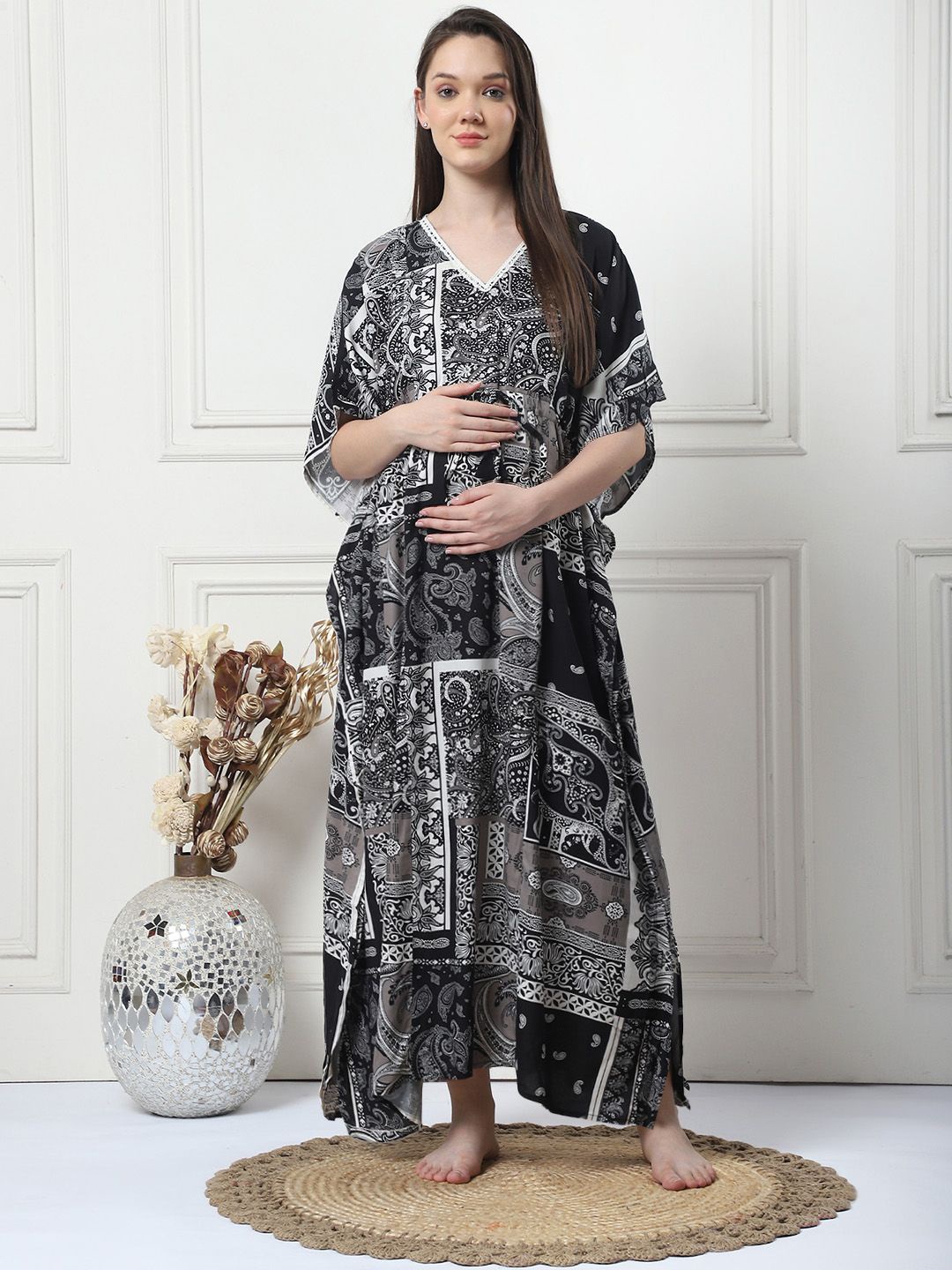 

Secret Wish Printed Maxi Maternity KaftanNightdress, Black