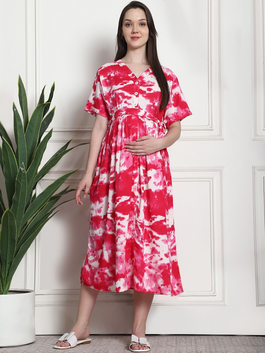 

Secret Wish Tie & Dye Printed Maternity A-Line Midi Dress, Pink