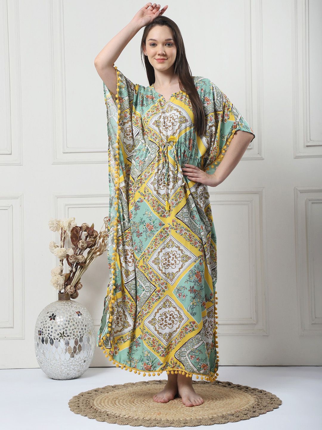 

Secret Wish Print Short Sleeves Maxi Kaftan Nightdress, Yellow