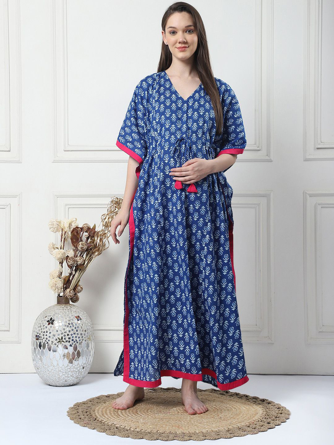 

Secret Wish Printed Cotton Maternity Maxi Kaftan Nightdress, Navy blue