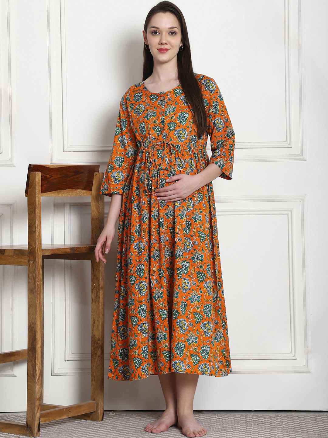 

Secret Wish Floral Print Cotton Maternity Nightdress, Orange