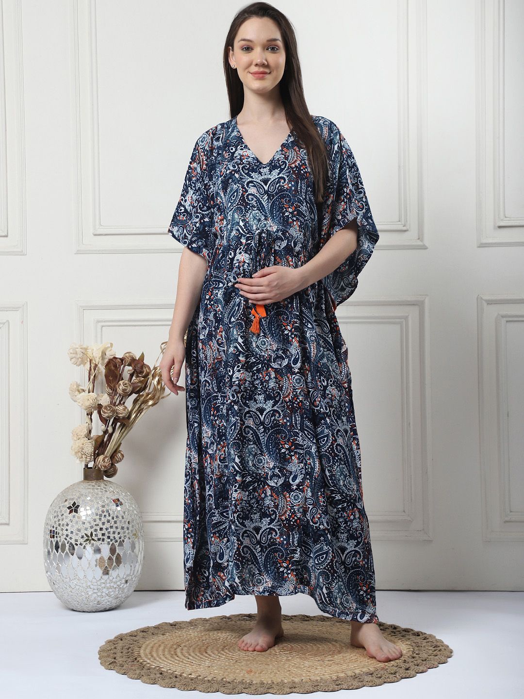 

Secret Wish Printed V Neck Maxi Maternity Kaftan Nightdress, Navy blue