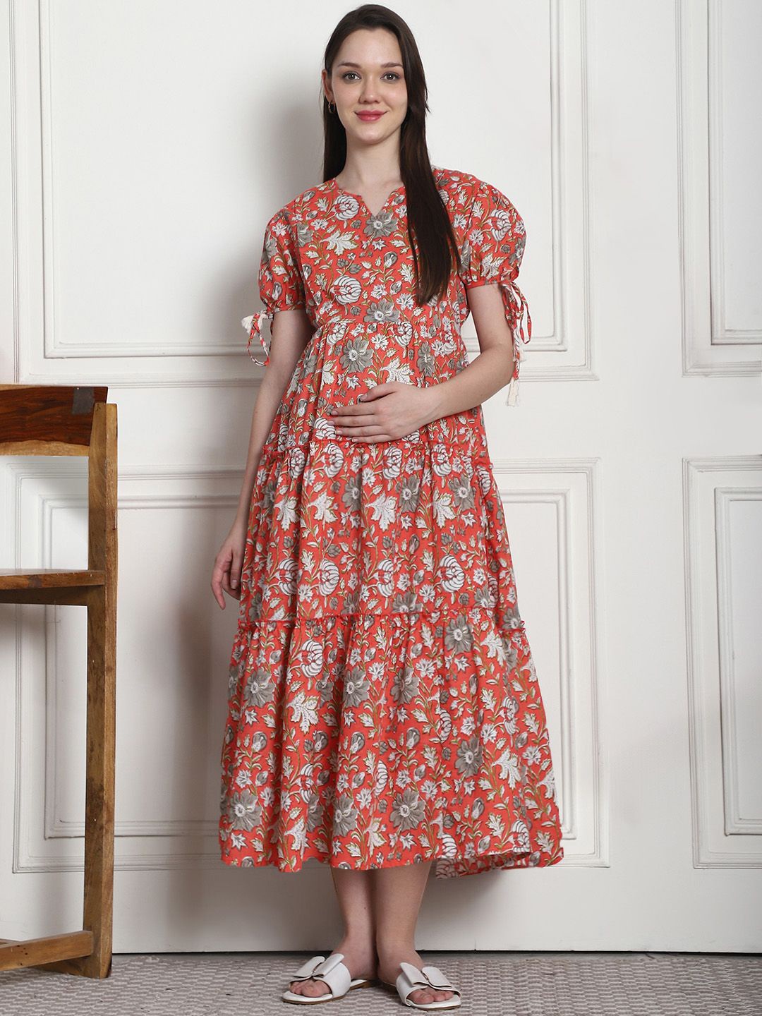 

Secret Wish Floral Print Cotton Puff Sleeve Maternity Fit & Flare Midi Dress, Orange