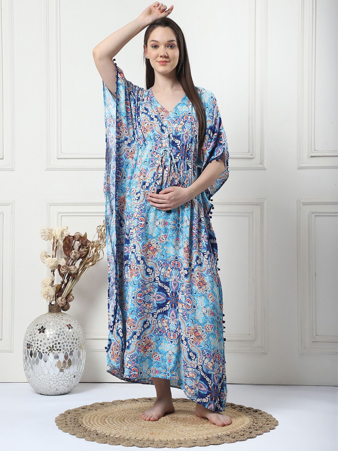 

Secret Wish Printed Short Sleeves Maxi Maternity Kaftan Nightdress, Blue