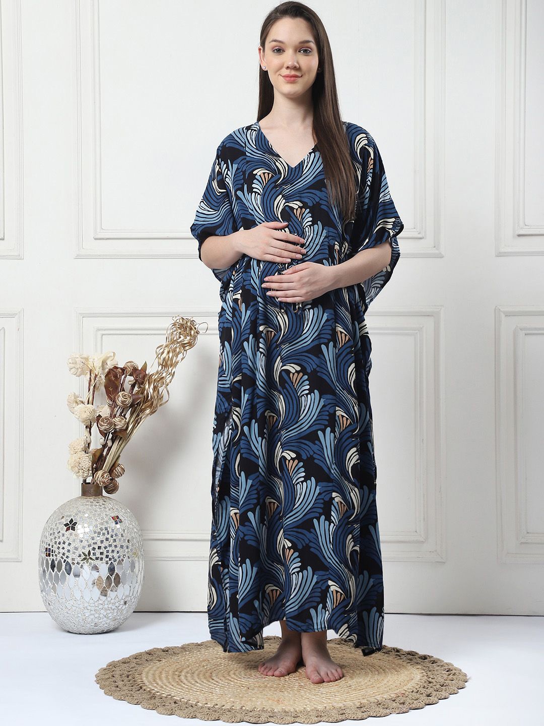 

Secret Wish Printed Maxi Maternity Kaftan Nightdress, Navy blue