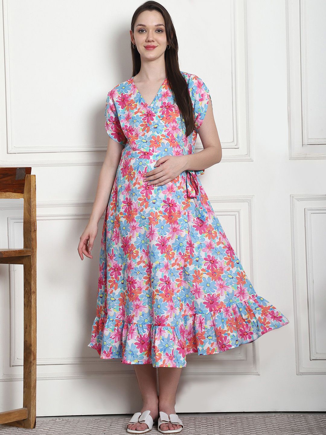 

Secret Wish Floral Printed Cotton Maternity Wrap Dress, Blue