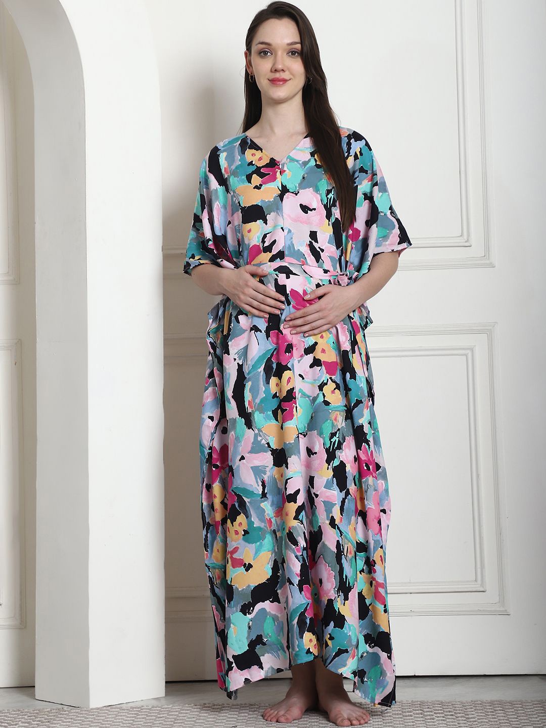 

Secret Wish Floral Print Maxi Maternity Kaftan Nightdress, Pink