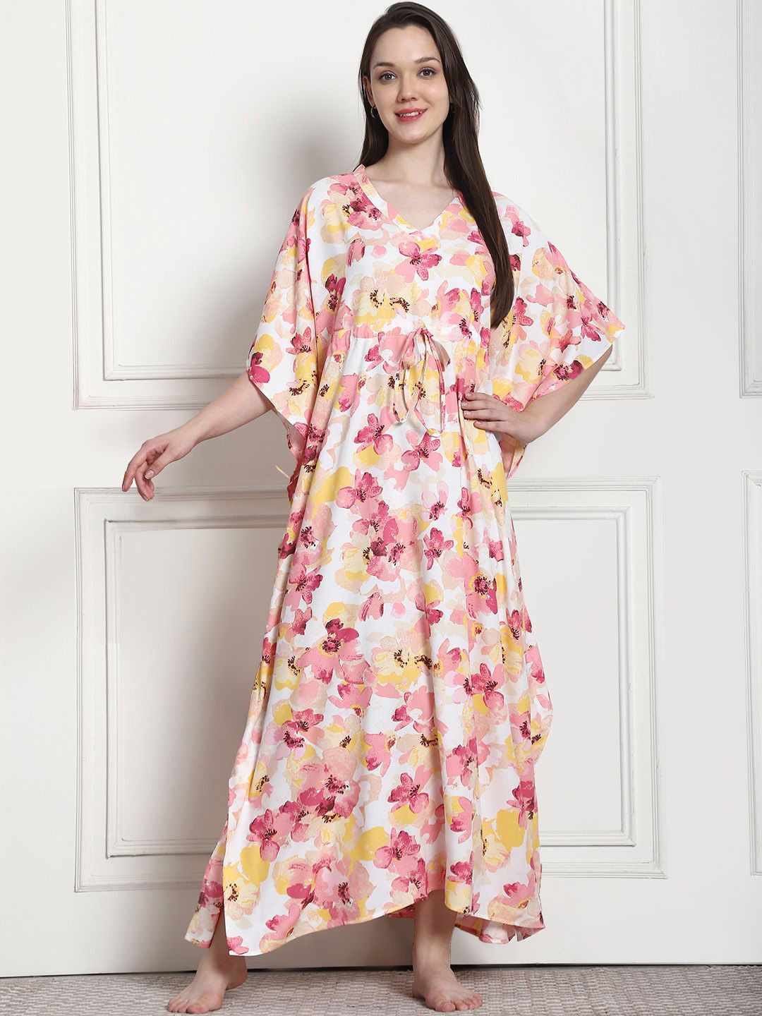 

Secret Wish Floral Print Short Sleeves Maxi Kaftan Nightdress, Peach